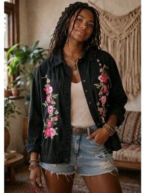 Vtg Womens Embroidered Jacket Boho Western Floral Festival Casual Size 1X Black